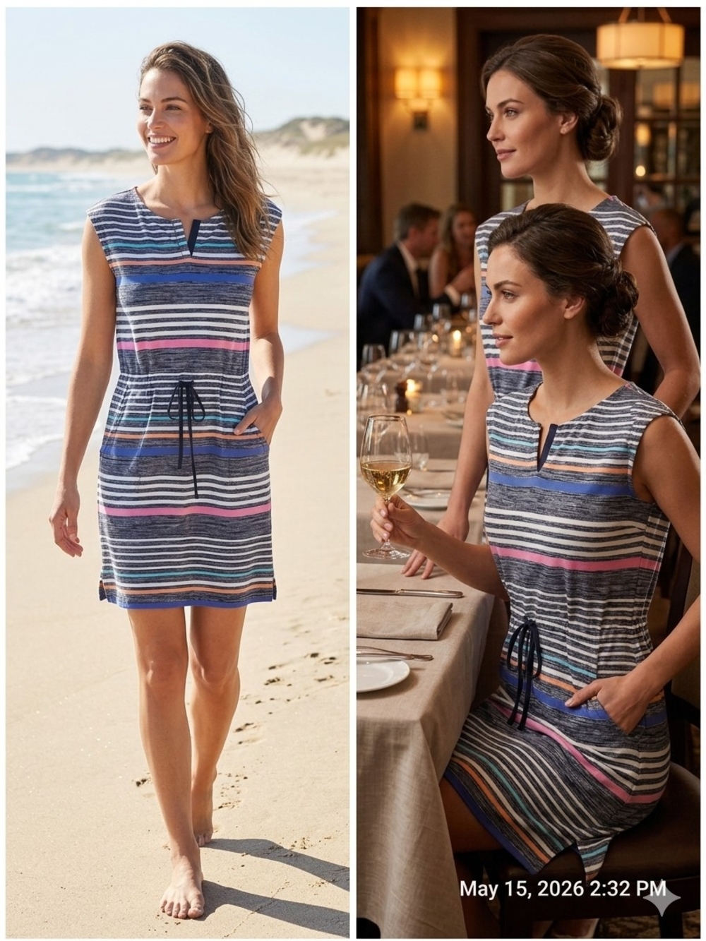Talbots Striped Sleeveless Drawstring Mini Dress - Blue, Pink & White